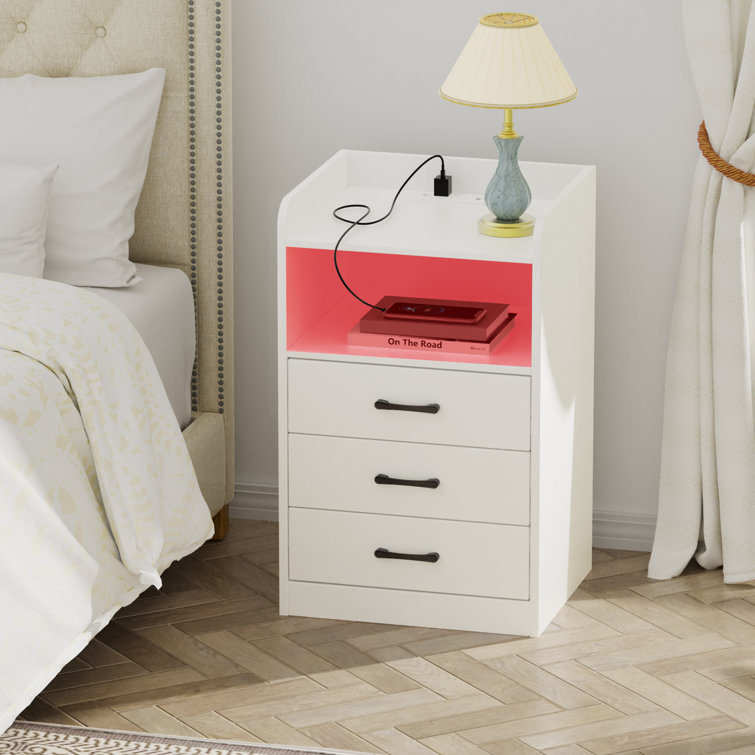 Aken Nightstand Bedside Table with Charging Station, Drawers, USB Ports,  and Outlets for Bedroom, Living Room